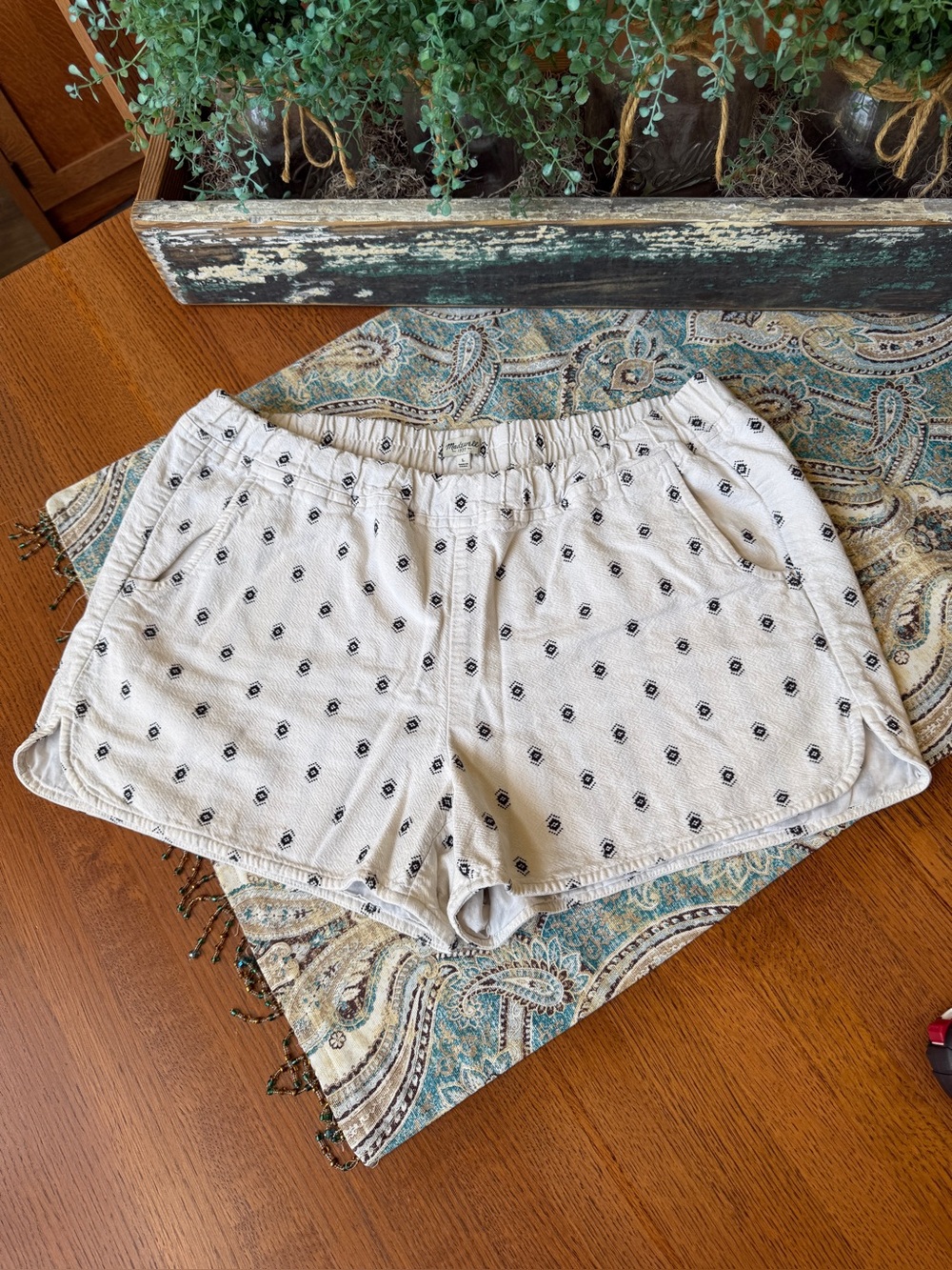 Madewell Diamond Dot Cotton Jacquard Pull On Shorts Black Cream Size L